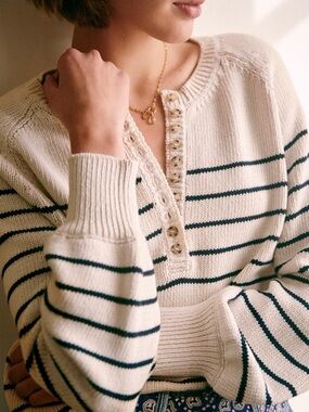 Sezane Leontine Striped Cotton Jumper Size M Cream Black Knit Sweater
